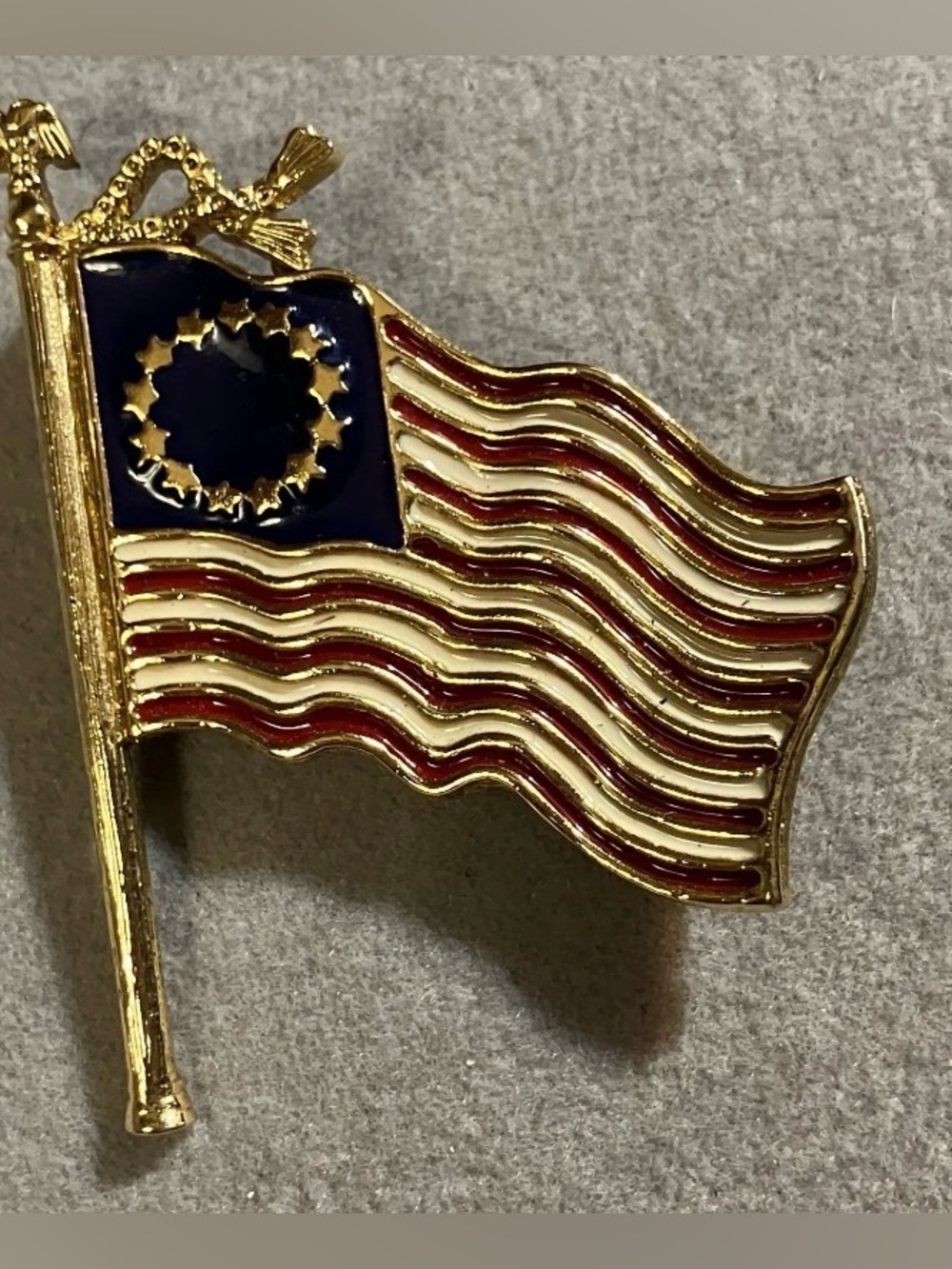 1928 Enamel 13-Star American Flag Brooch Patriotic Red White Blue Gold Tone